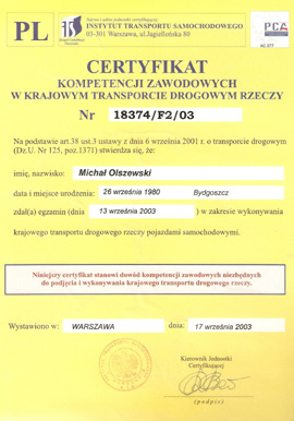 Transport - certyfikat