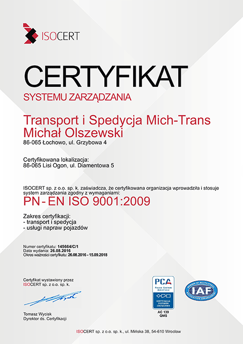 Certyfikat systemu zarządzania - Transport